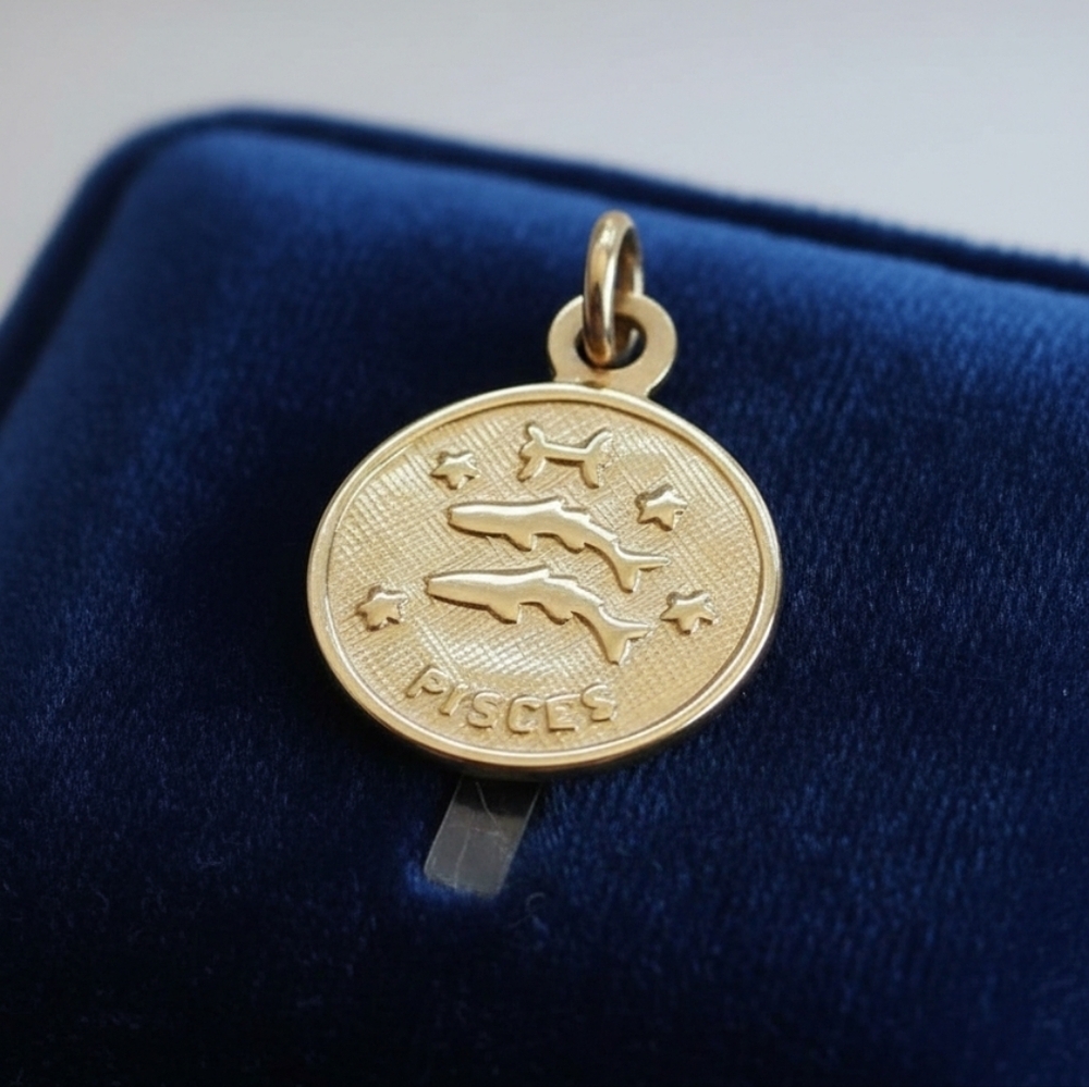 VINTAGE Pisces 14kt SOLID Gold Zodiac Medal Pendant 16mm